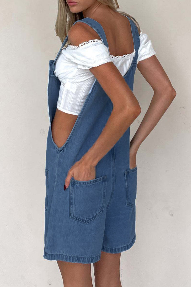 Casual Solid Color Pocket Buttons U Neck Loose Rompers