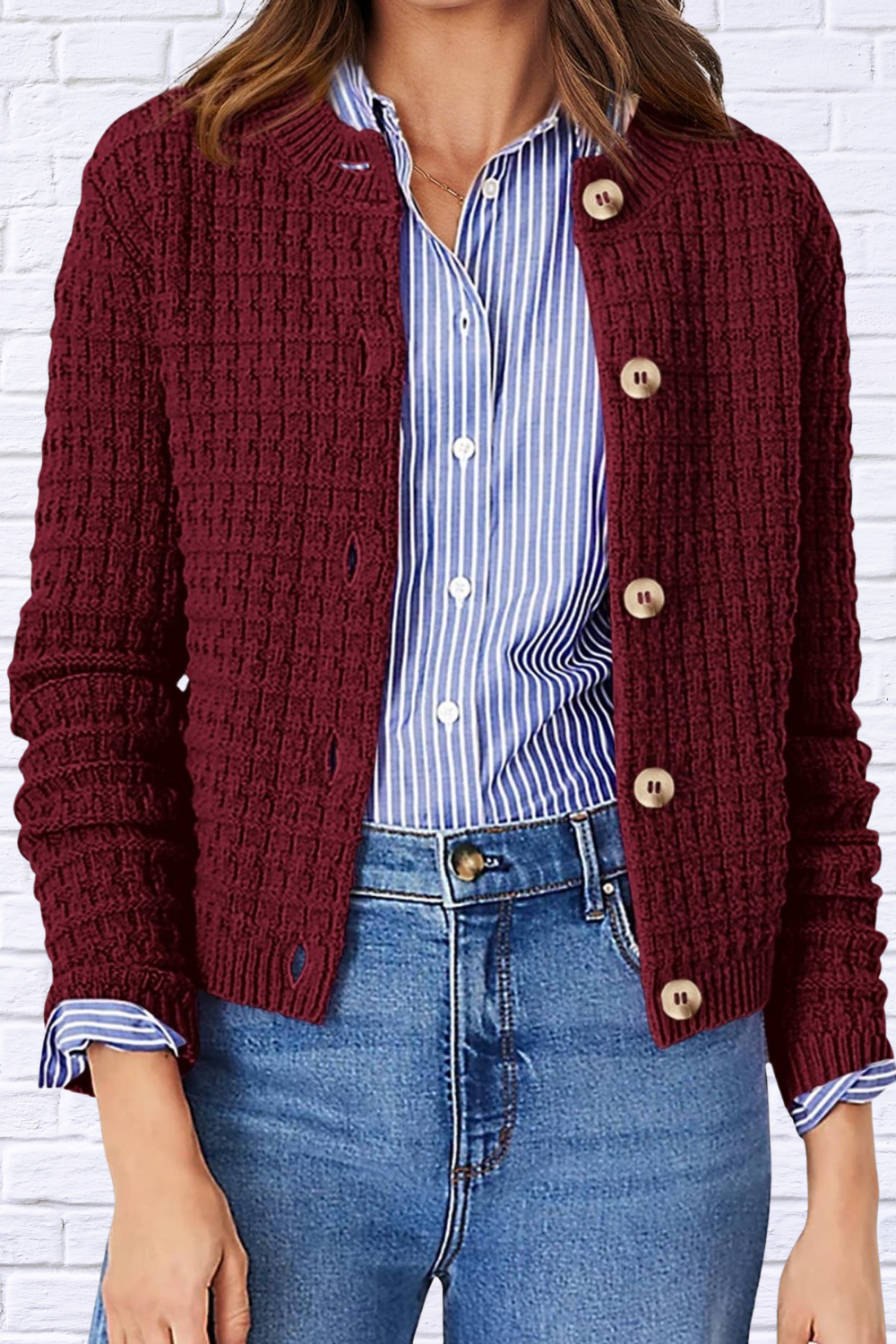 Textured Knit Button-Front Cardigan Burgundy