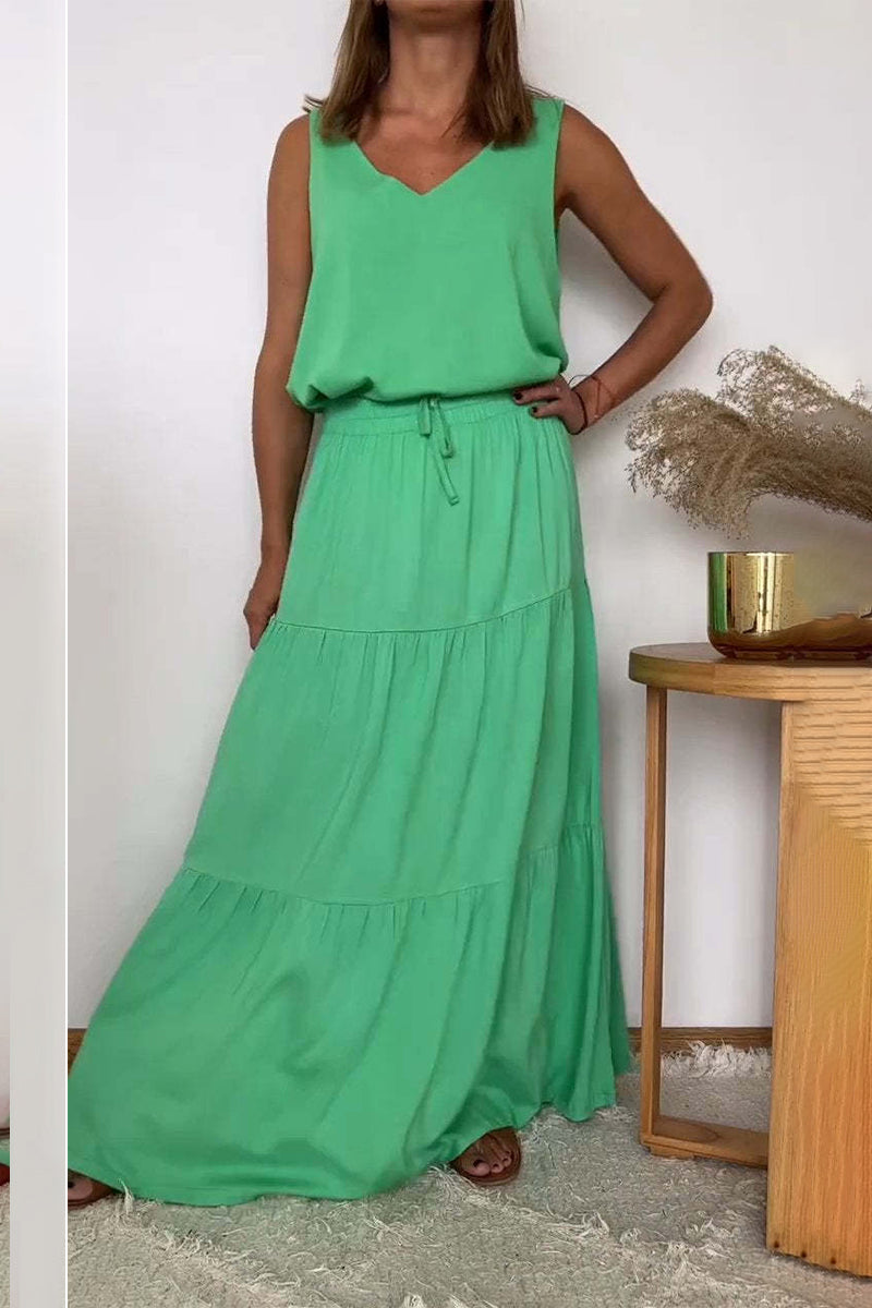 Casual Solid Color Lace Up Flounce V Neck Sleeveless Two Pieces