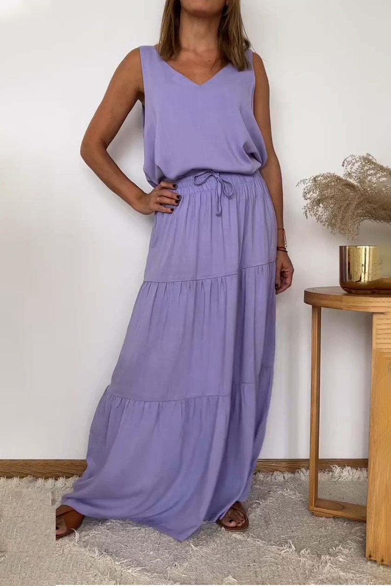 Casual Solid Color Lace Up Flounce V Neck Sleeveless Two Pieces