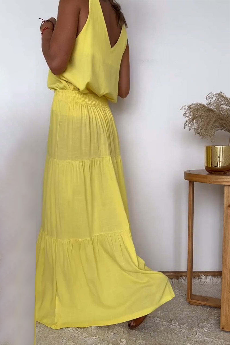 Casual Solid Color Lace Up Flounce V Neck Sleeveless Two Pieces