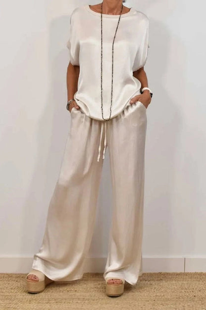 Casual Solid Color Draw String Pocket O Neck Short Sleeve Two Pieces