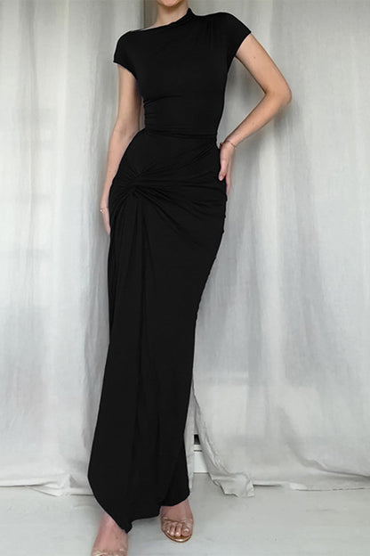 Sexy Solid Color Slit Ruched O Neck Long Short Sleeve Dress