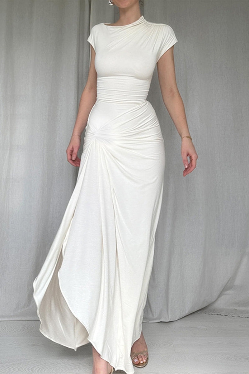 Sexy Solid Color Slit Ruched O Neck Long Short Sleeve Dress