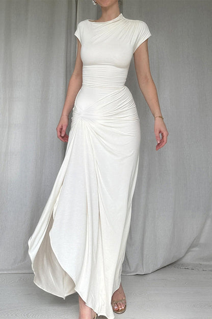 Sexy Solid Color Slit Ruched O Neck Long Short Sleeve Dress