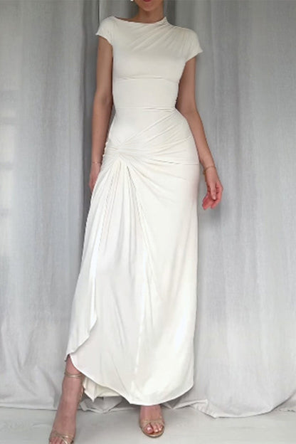 Sexy Solid Color Slit Ruched O Neck Long Short Sleeve Dress