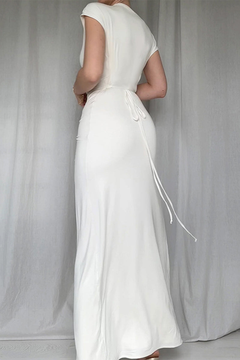 Sexy Solid Color Slit Ruched O Neck Long Short Sleeve Dress