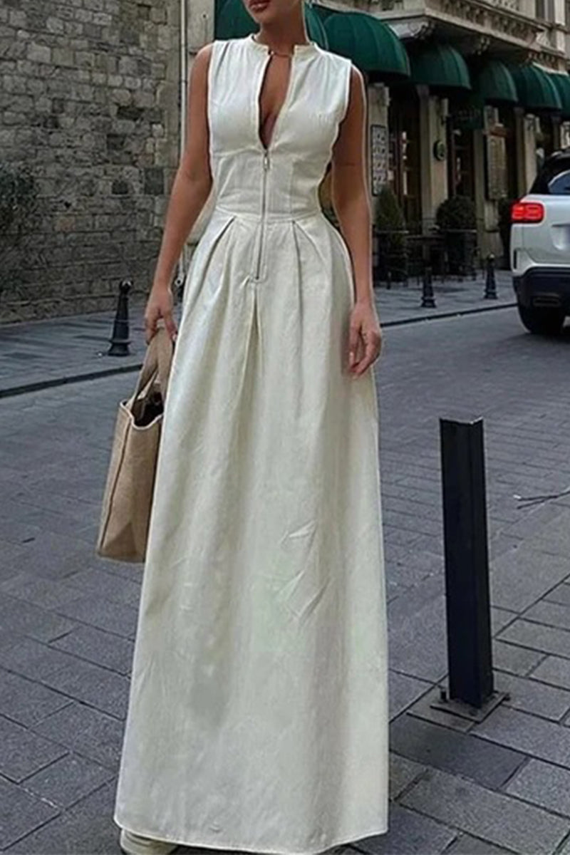 Casual Street Solid Color Pocket Zipper O Neck Long Dresses