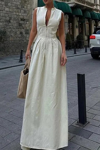 Casual Street Solid Color Pocket Zipper O Neck Long Dresses