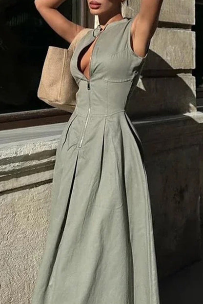 Casual Street Solid Color Pocket Zipper O Neck Long Dresses