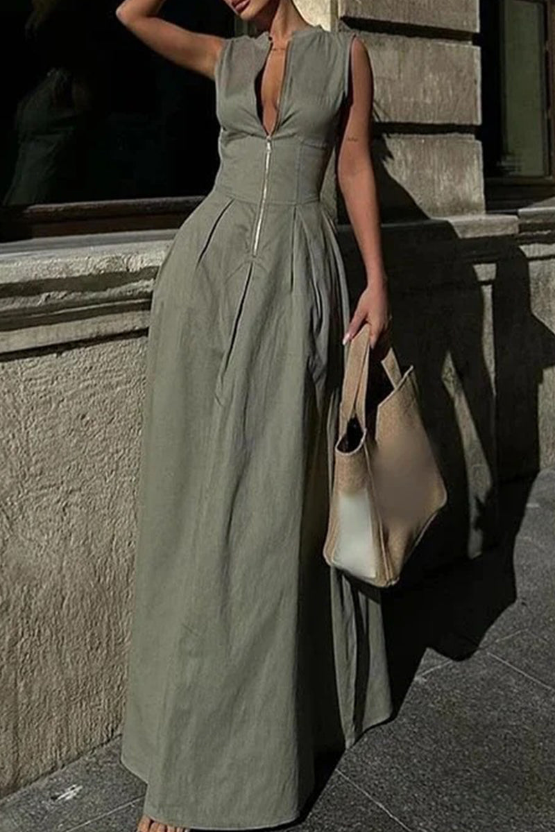 Casual Street Solid Color Pocket Zipper O Neck Long Dresses