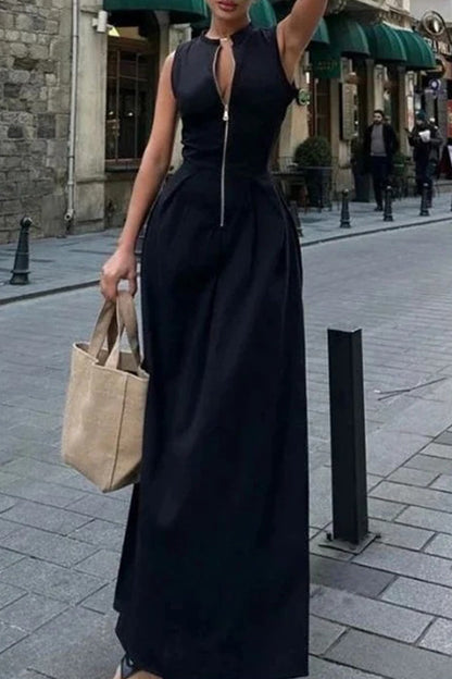 Casual Street Solid Color Pocket Zipper O Neck Long Dresses
