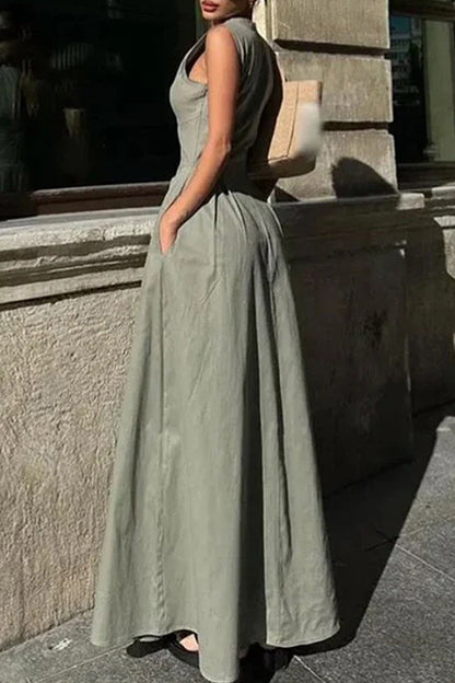 Casual Street Solid Color Pocket Zipper O Neck Long Dresses