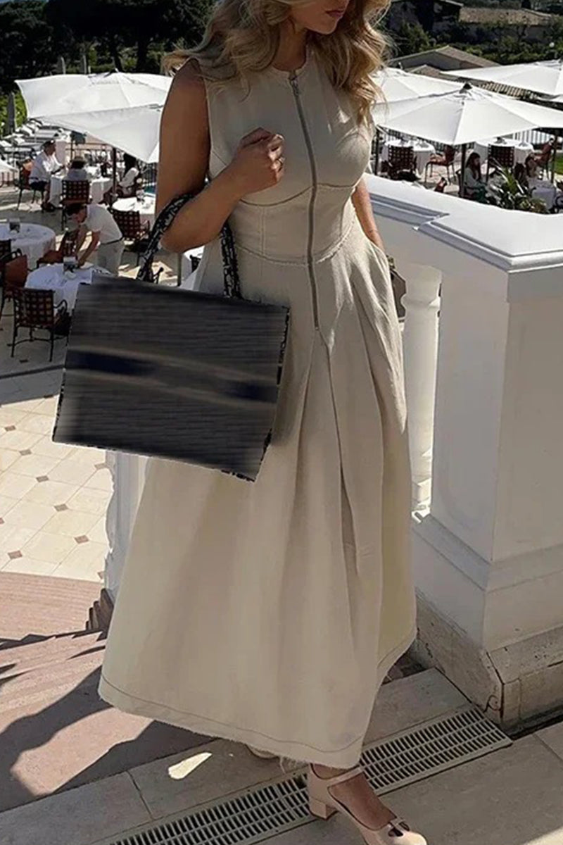 Casual Street Solid Color Pocket Zipper O Neck Long Dresses