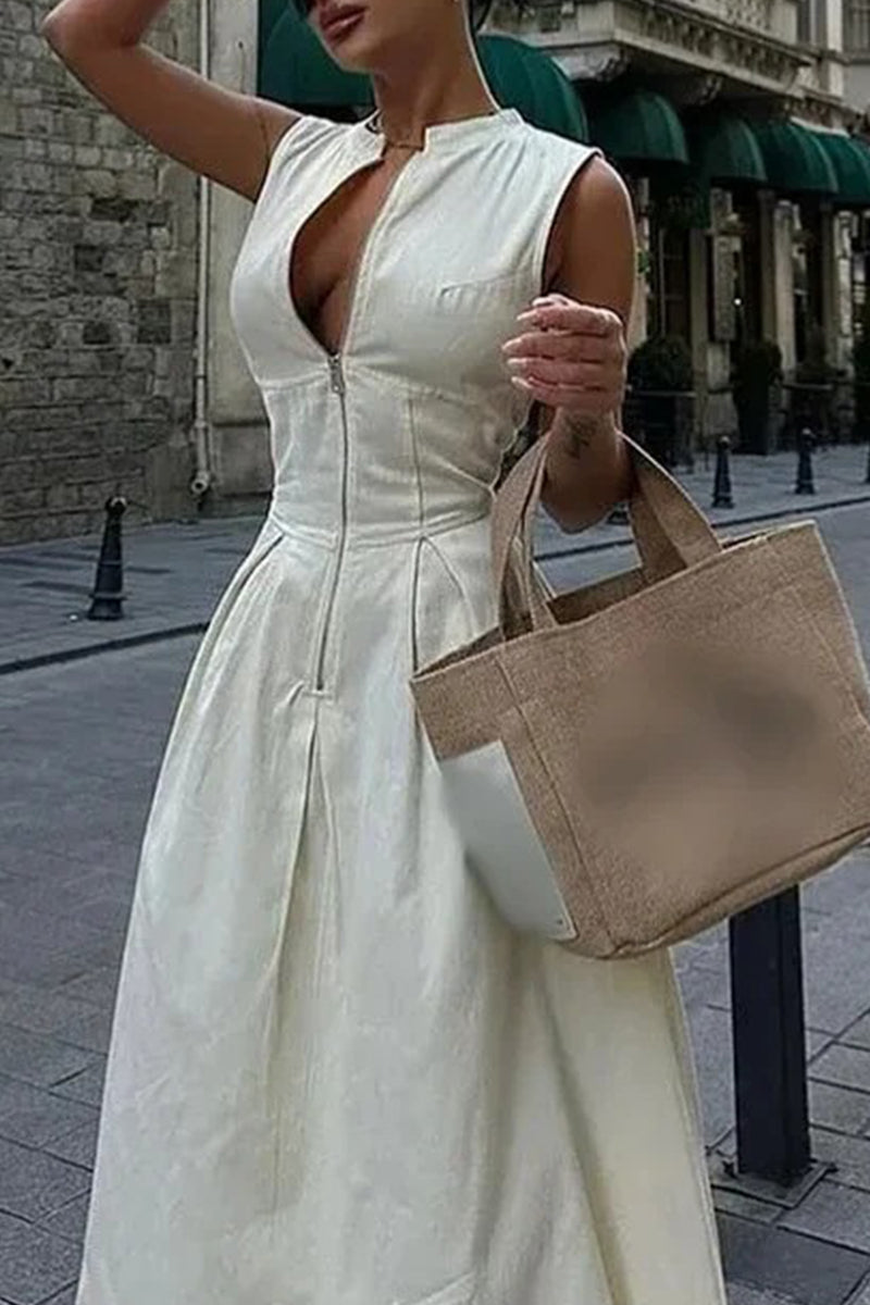 Casual Street Solid Color Pocket Zipper O Neck Long Dresses