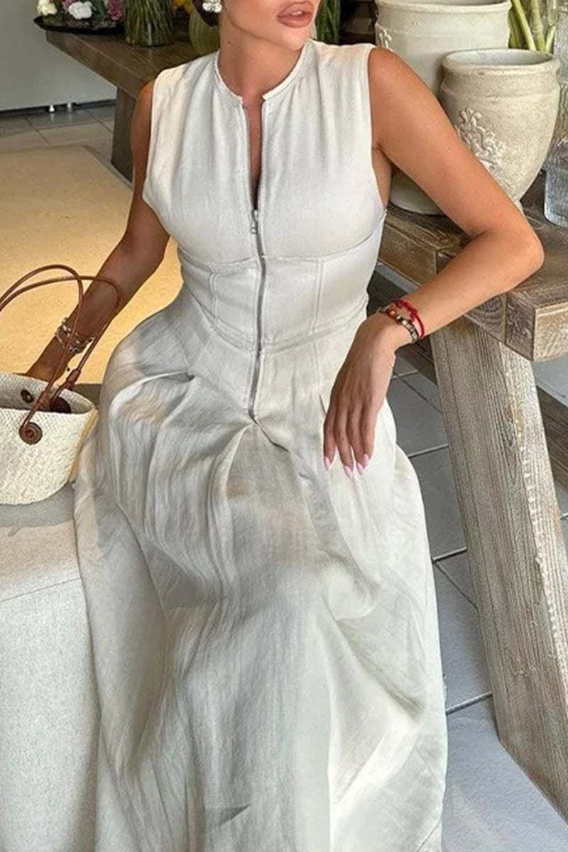 Casual Street Solid Color Pocket Zipper O Neck Long Dresses