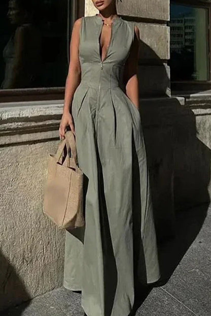 Casual Street Solid Color Pocket Zipper O Neck Long Dresses