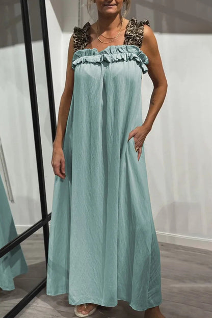 Casual Leopard Pocket Patchwork Flounce Square Neck Long Dresses(8 Colors)