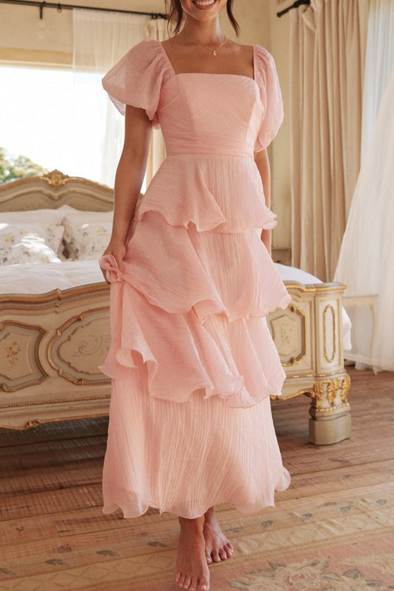 Casual Backless Flounce Square Neck Cake Skirt Dresses Pink