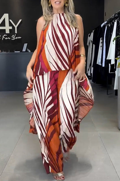 Casual Striped Print Lace Up Irregular Contrast O Neck Sleeveless Two Pieces
