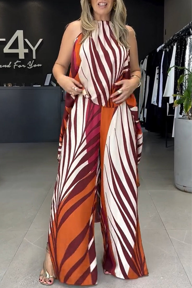 Casual Striped Print Lace Up Irregular Contrast O Neck Sleeveless Two Pieces