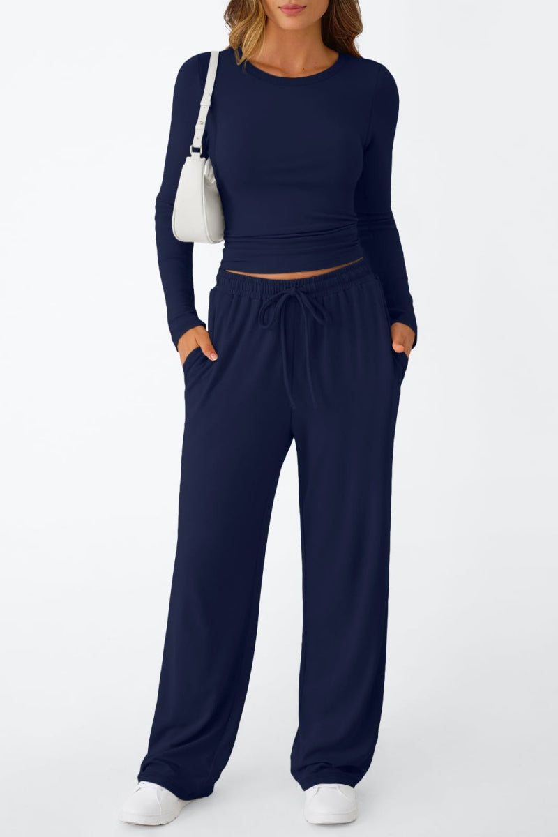 Casual Daily Solid Color Basic O Neck Long Sleeve Two Pieces