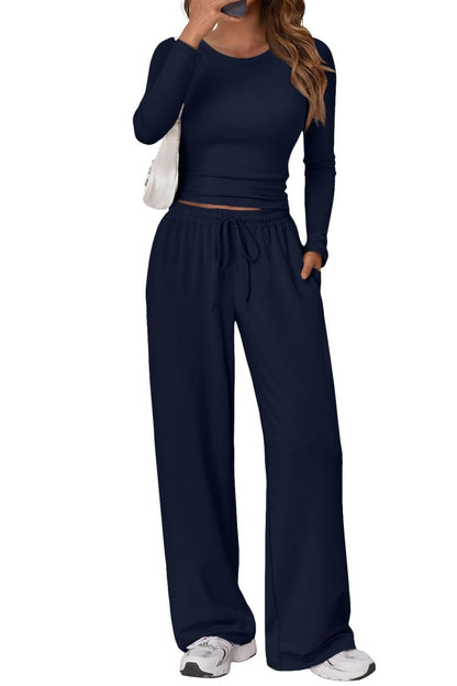 Casual Daily Solid Color Basic O Neck Long Sleeve Two Pieces
