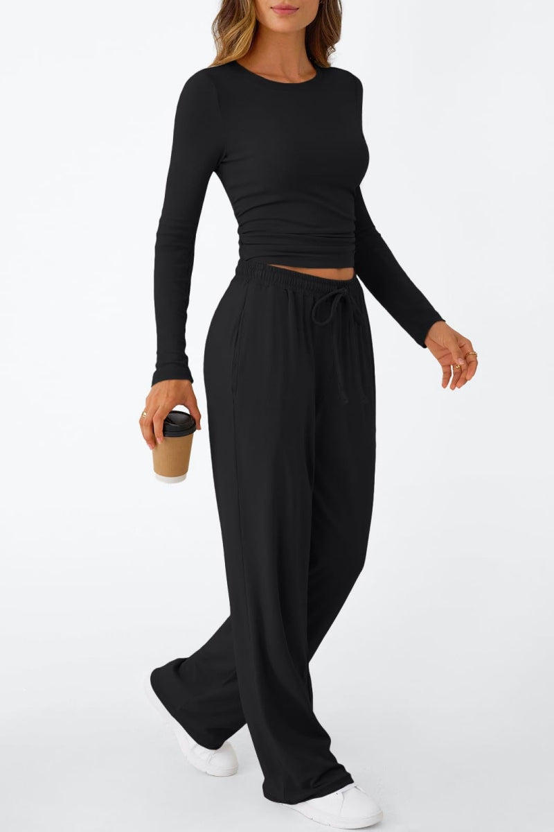 Casual Daily Solid Color Basic O Neck Long Sleeve Two Pieces