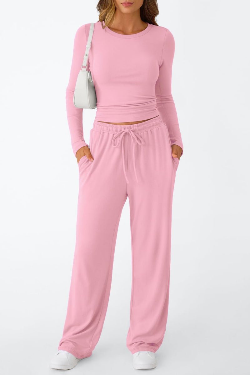 Casual Daily Solid Color Basic O Neck Long Sleeve Two Pieces