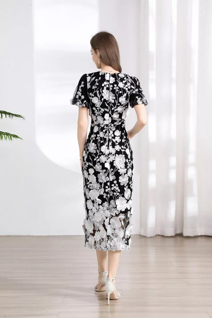 Floral Embroidered Puff Sleeve Midi Dress