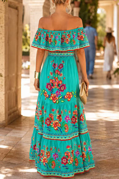 Off Shoulder Bow Waist Floral Print Ruffle Tiered Maxi Dress