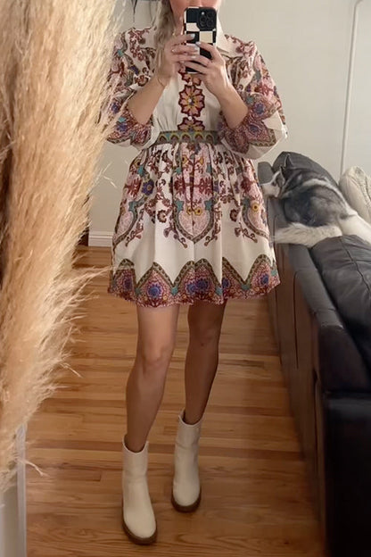 Lantern Sleeves Button Up Waisted Bohemia Print Mini Dress