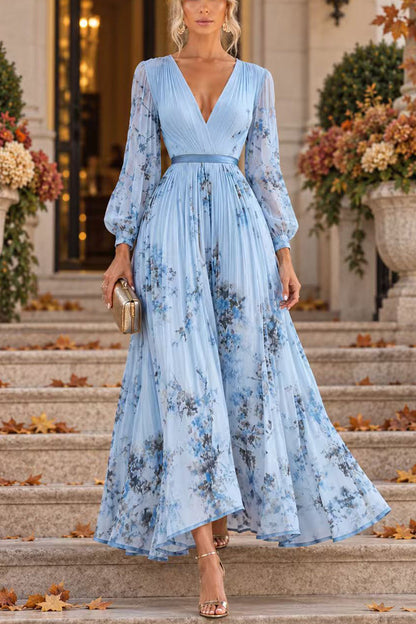 V Neck Lantern Long Sleeves Floral Print Pleated Maxi Dress (B)