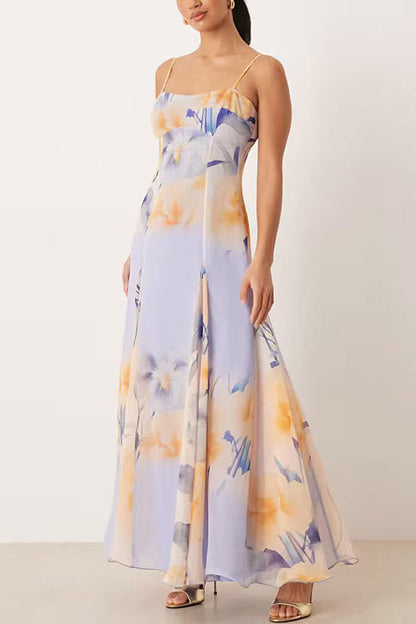 Spaghetti Strap Floral Print Flowy Maxi Dress