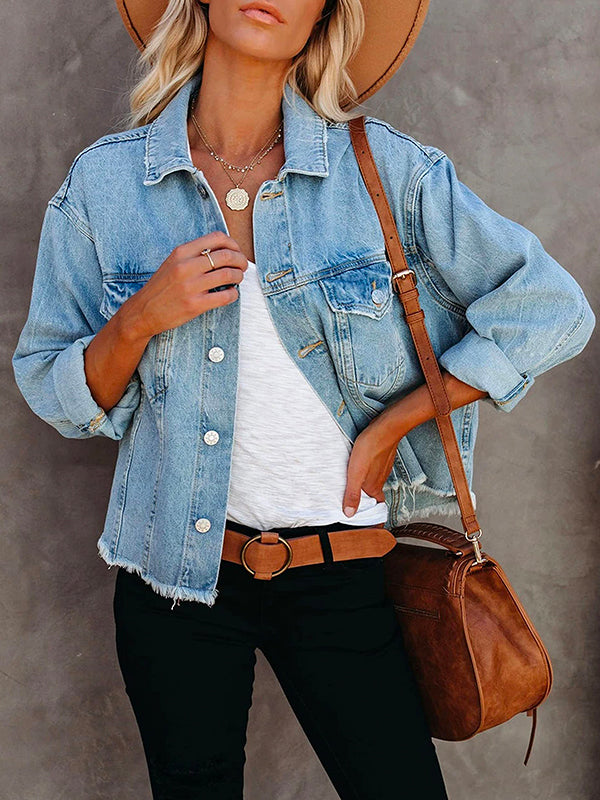 Raw Hem Button Down Short Denim Jacket LightBlue