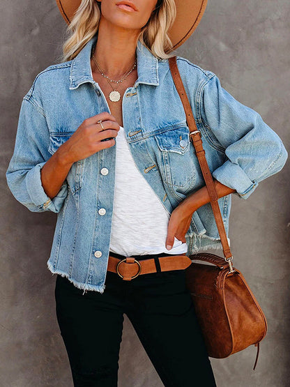 Raw Hem Button Down Short Denim Jacket LightBlue