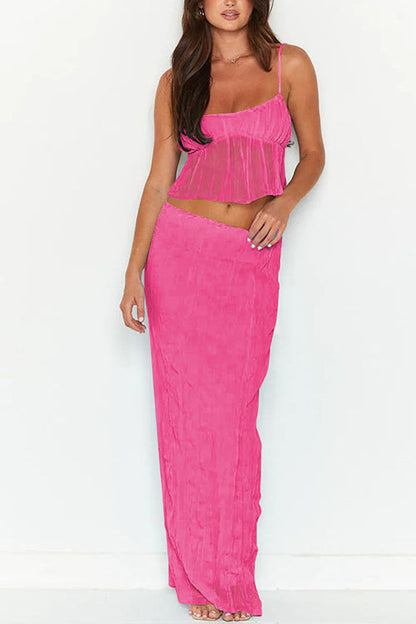 Ruffle Crop Cami Top Elastic Waist Maxi Skirt Set HotPink
