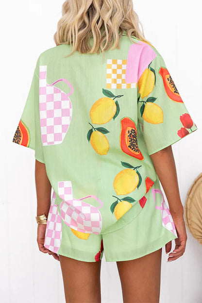 Resort Print Short Sleeves Blouse Shirt Elastic Waist Shorts Set