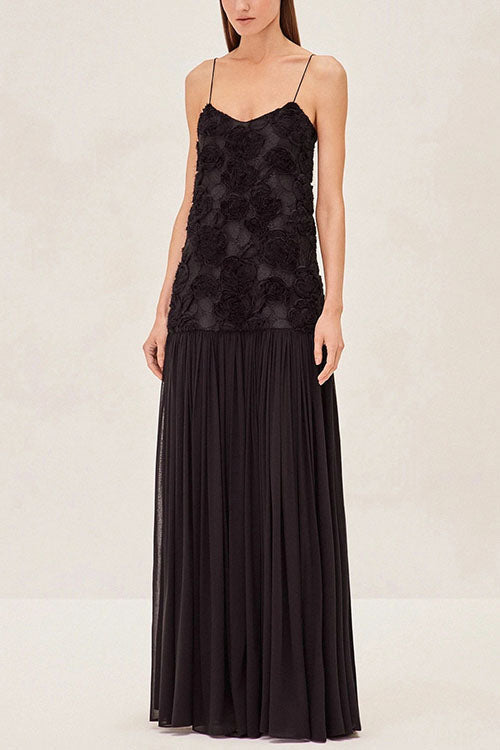 Spaghetti Strap Floral Applique Patchwork Maxi Dress