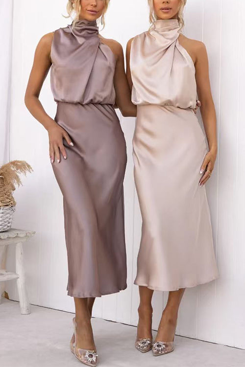 High Neck Sleeveless Waisted Satin Midi Dress