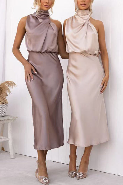 High Neck Sleeveless Waisted Satin Midi Dress