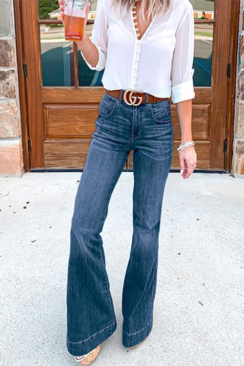 Flare Bottoms Distressed Jeans DarkBlue
