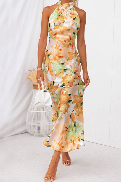 Tie Neck Backless Floral Printed Maxi Flowy Dress
