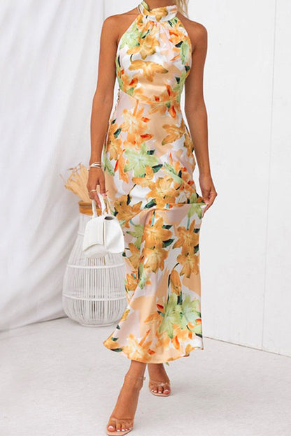 Tie Neck Backless Floral Printed Maxi Flowy Dress