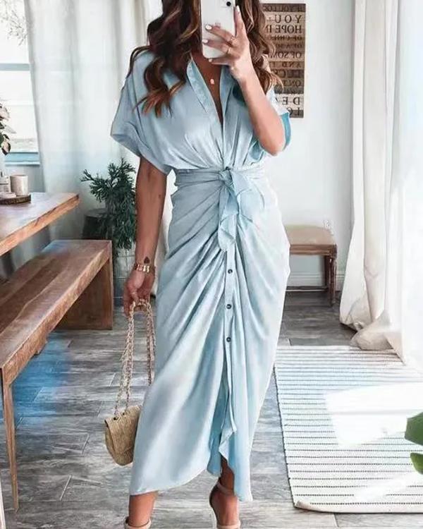 Clidress Shirt Collar Wrap Satin Button Down Dress