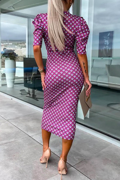 Wrap V Neck Puff Sleeves Printed Midi Bodycon Dress