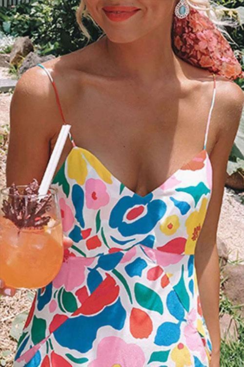 V Neck Ruffled Hem Printed Maxi Cami Dress