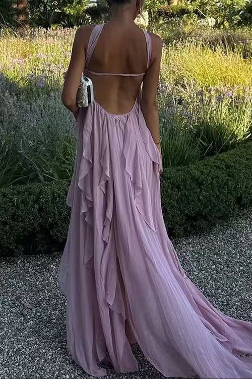 Sleeveless Open Back Ruffle Trim Slit Maxi Dress