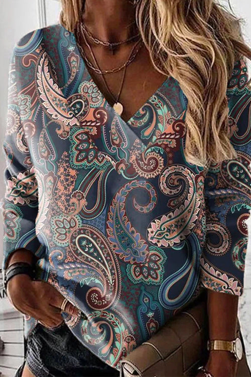 V Neck Long Sleeves Unique Print Top