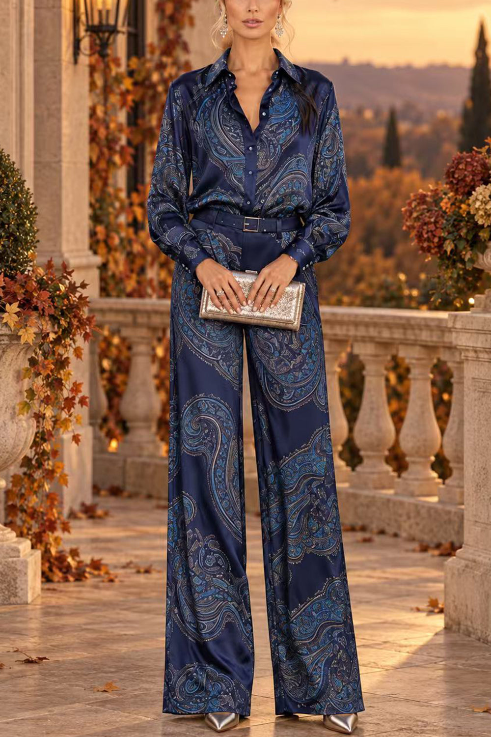 Lapel Long Sleeves Shirt High Rise Pocketed Straight Leg Pants Paisley Print Set (B)